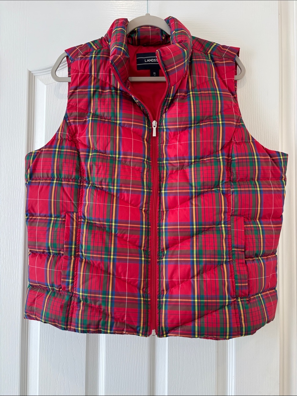 Down Blend Red Plaid Quilted Puffer Vest for Women - Green & Yellow Accent